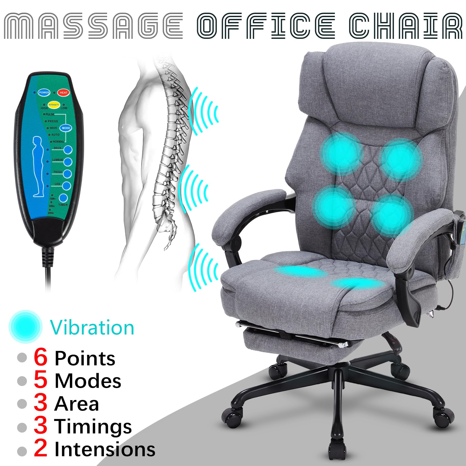 HESL Office Chair With Massage And Heated Lumber Spport, Big and Tall Reclining Desk Chair,Gray
