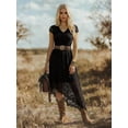 thumbnail image 4 of Women Black Lace V-Neck Short Sleeve Midi Dress With Asymmetrical Hem For, 4 of 6