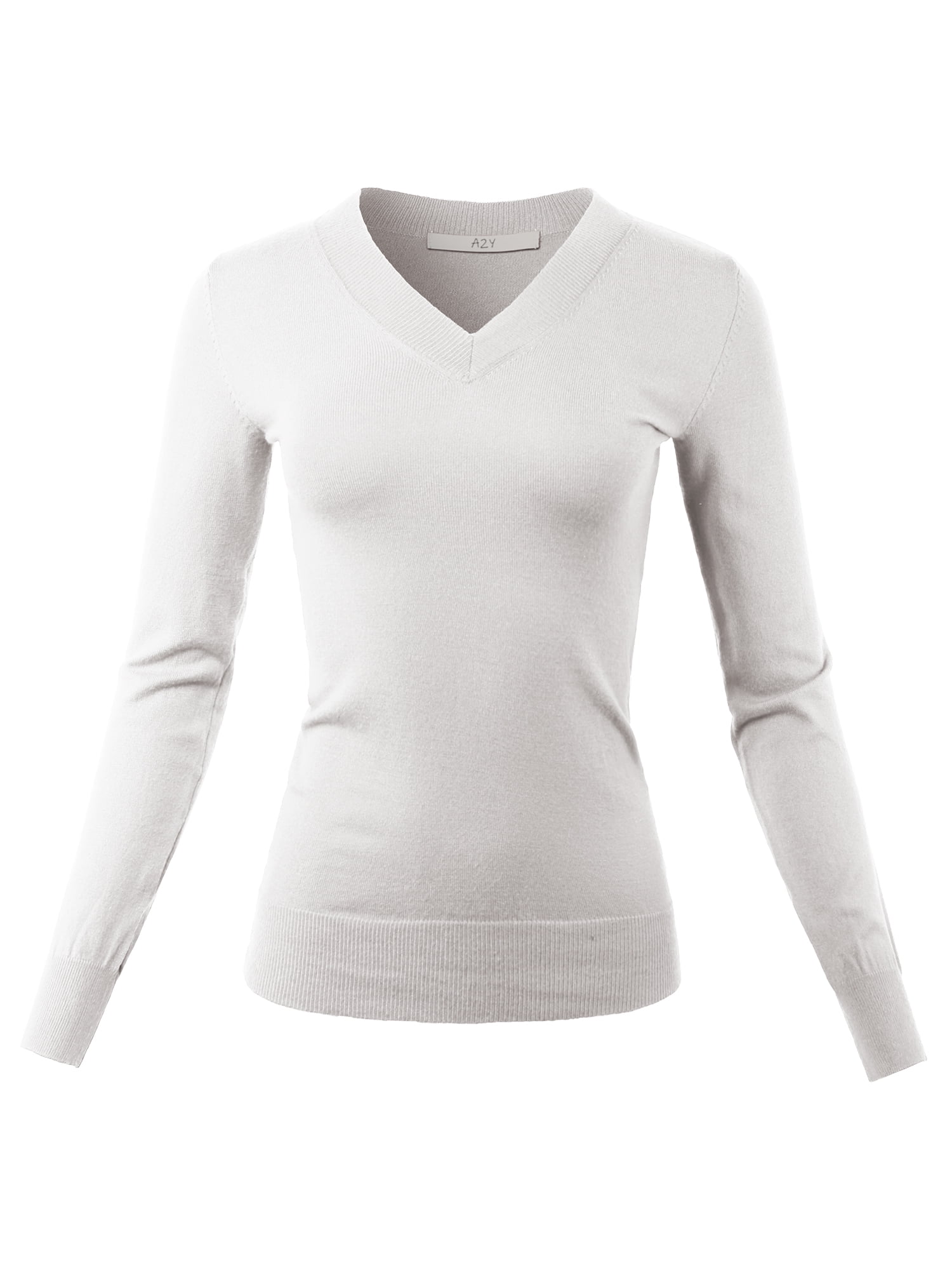 A2y Womens Fitted V Neck Long Sleeve Premium Pullover Viscose Sweater White L 