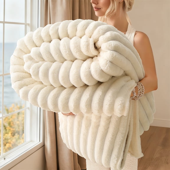 [Luxury Faux Fur Blanket] Soft & Warm Luxury Faux Rabbit Fur Blanket | Solid Color Simple Style - Multipurpose for Sofa, Bed, Office, Travel - Comfortable Gift