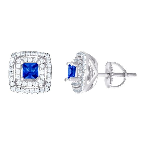 925 Sterling Silver Womens Blue White Princess cut Round Cubic Zirconia Square Stud Earrings 9.8x10.2mm Wide Stud Earrin