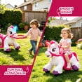 thumbnail image 2 of Xuanlur 12V Unicorn Ride on Toy for Toddlers, Interactive Battery Powered Electric Car w/Glowing Horn & Magic Sounds, Carrot Toy, Comb, Plush Mane, Ride on Horse for Kids Ages 1.5-3 Years Old, Pink, 2 of 7