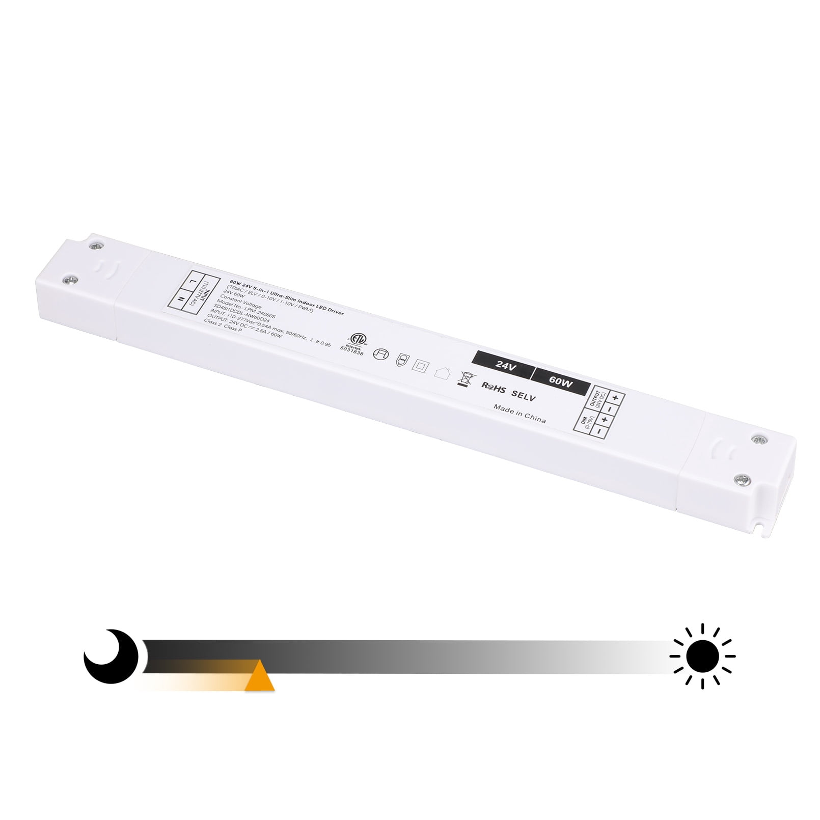 2 Pack 60W 24V Ultra Slim LED Driver, Power Supply, 5-in-1 Dimming Transformer for Display Lighting, Compatible with TRIAC ELV 0-10V PWM, ETL FCC Listed, Class 2 & Class P, 110–277V Input