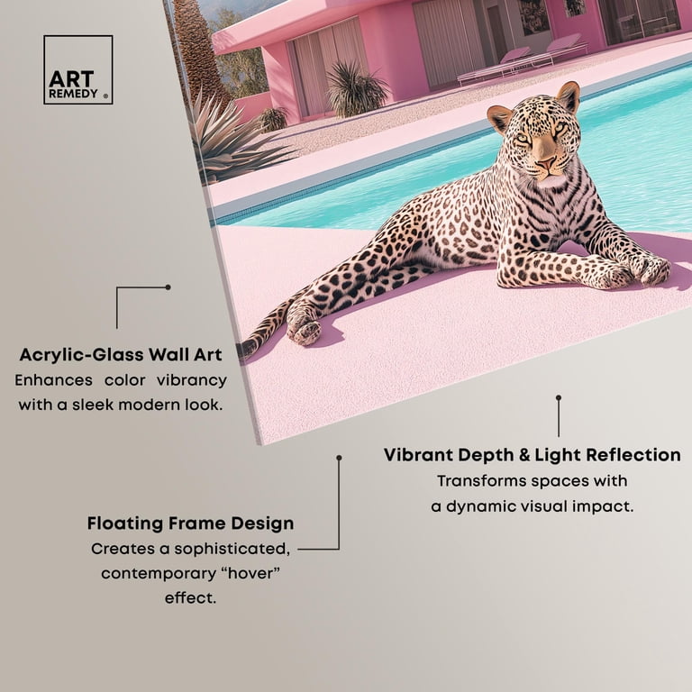 アクリル画　ガラスアート　ヒョウ　ジャガー　A4サイズ額装付き　星咲BAEZ3 Leopard Pink House High-Gloss Frameless Acrylic Glass Wall Art