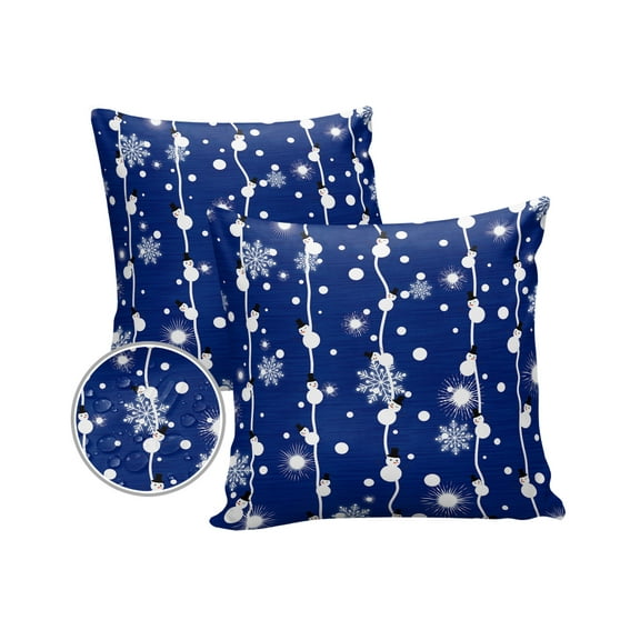 Pack of 2 Outdoor Pillow Covers, Blue Christmas Snowman Snowflake Waterproof Square Throw Pillowcase Cushion Decorative Pillow Covers for Couch Patio Tent, 16x16 in