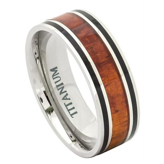 9mm Titanium Flat with Hawaiian Koa Rosewood Inlay Wedding Band Ring For Men Or Ladies