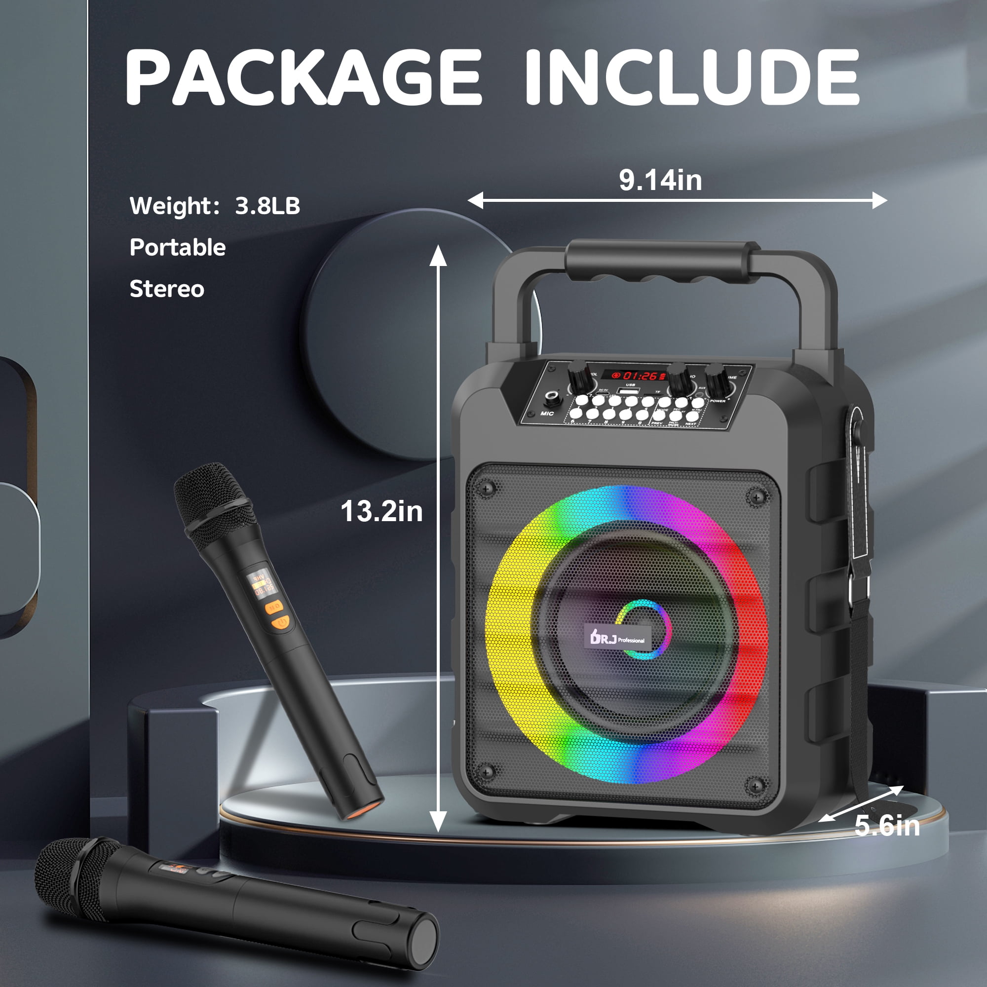 Karaoke Machine with 2 Wireless Microphones, Portable 30W Home Speaker System for Adults with Disco Lights and Strap