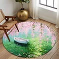 thumbnail image 2 of Round Area Rug 8 Ft, Pink Flowers Washable Non-Slip Circle Carpet for Living Room/Bedroom, Green Lake Spring Plants Small Boat Collection Low-Profile Large Area Rugs for Indoor, 2 of 8