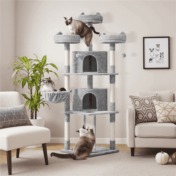 Yaheetech 76''H Multilevel Large Cat Tree with Scratching Post, Condos & Basket, Light Gray