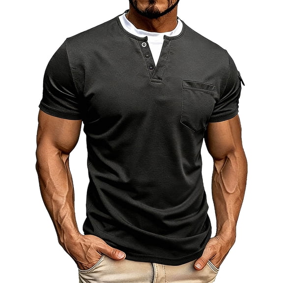 Mens Fake Two Piece T-Shirts, Short Sleeve Shirts for Men Summer Casual Solid Color Slimming Fit Button Up Crewneck Henley Shirts Big and Tall