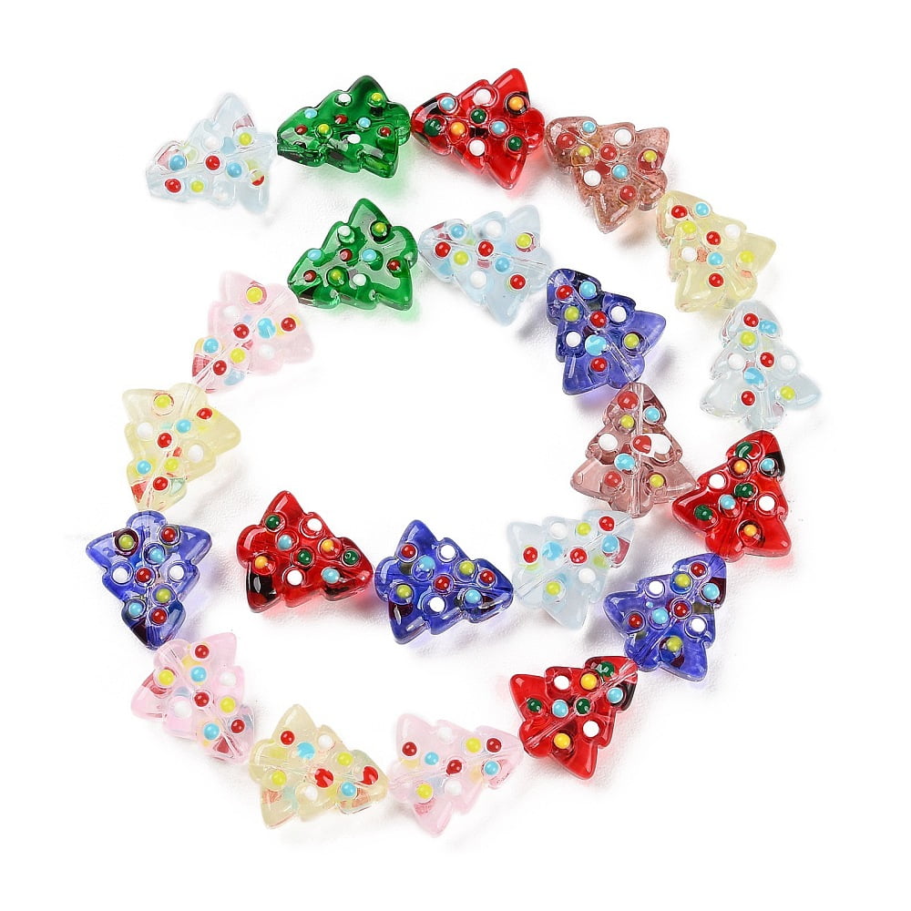 Handmade Bumpy Glass Beads Strands Hand Drawn Beads Dyed & Heated Dyed & Heated with Enamel Christmas Trees Colorful 16~16.5x14.5~15x7~7.5mm Hole: 1.2mm about 22pcs/strand 13.98~14.17 inch(35.5~36cm)