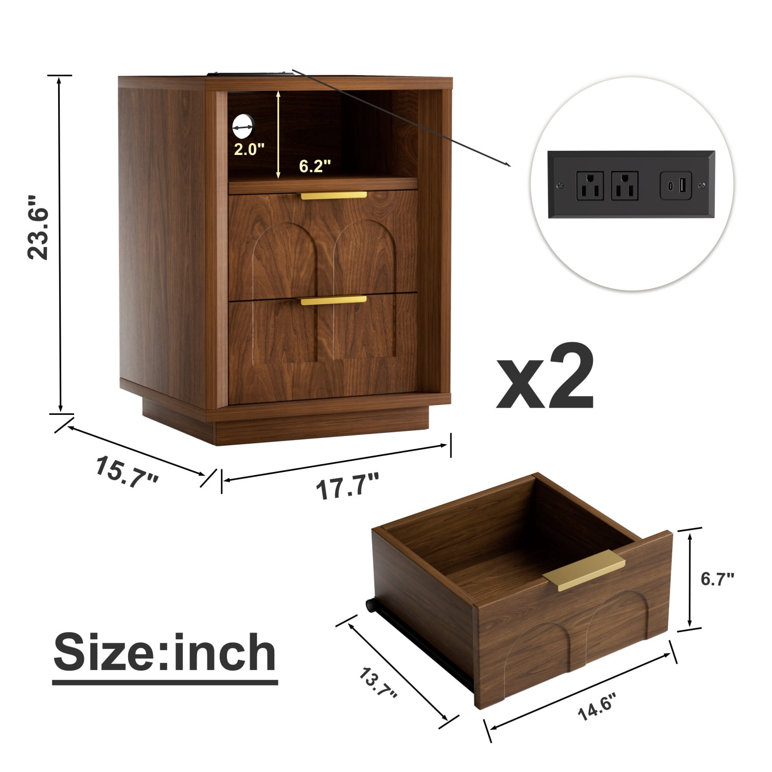 Hommoo 2-Pack Modern Nightstands with Built-in Type-C Charging Station, 2 AC Outlets & USB Port, Mid-Century Two-Drawer Bedside Tables for Bedroom, Living Room & Office, Walnut