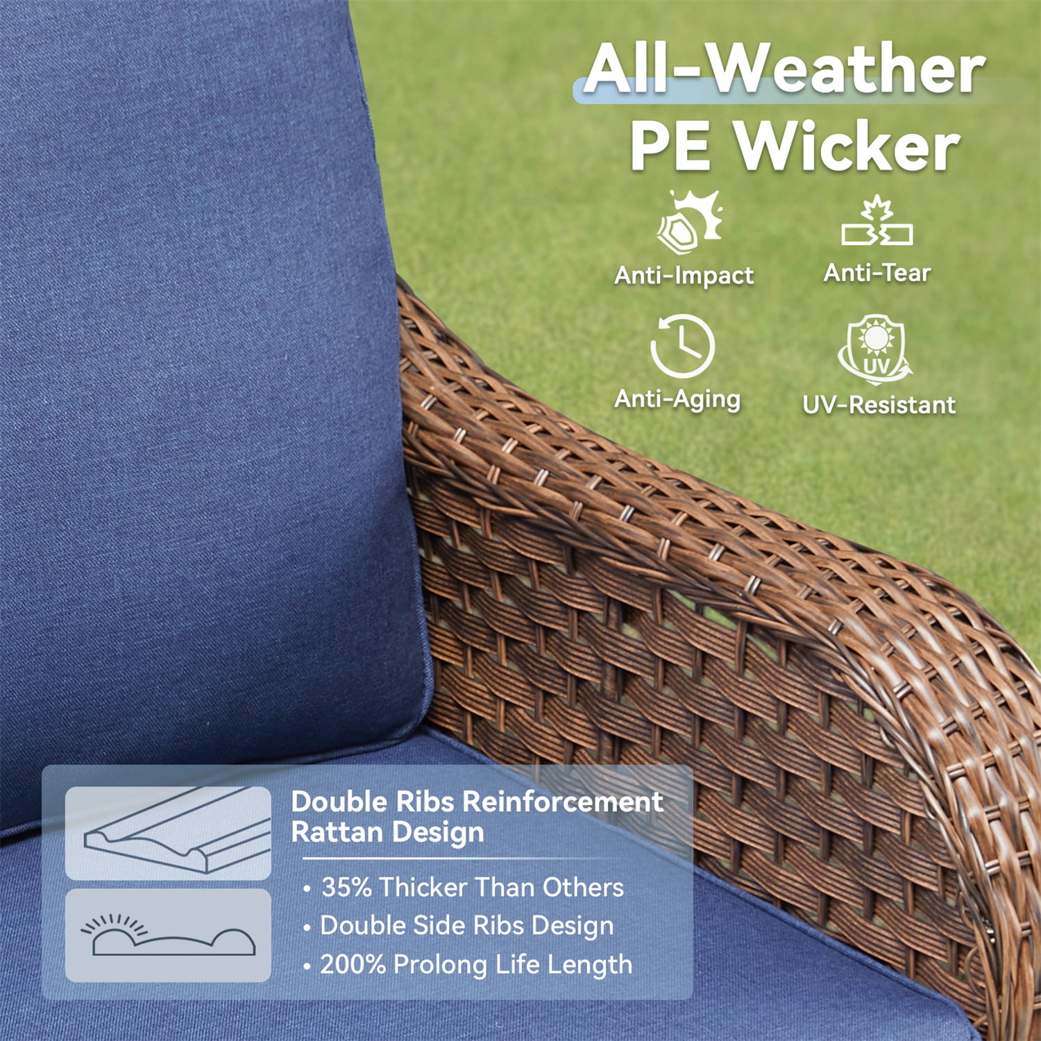 Hommoo 3-Piece Outdoor Furniture Set, Outdoor Swivel Gliders Rocker, Wicker Patio Bistro Set with Side Tablerd for Porch Deck Backyard, Blue