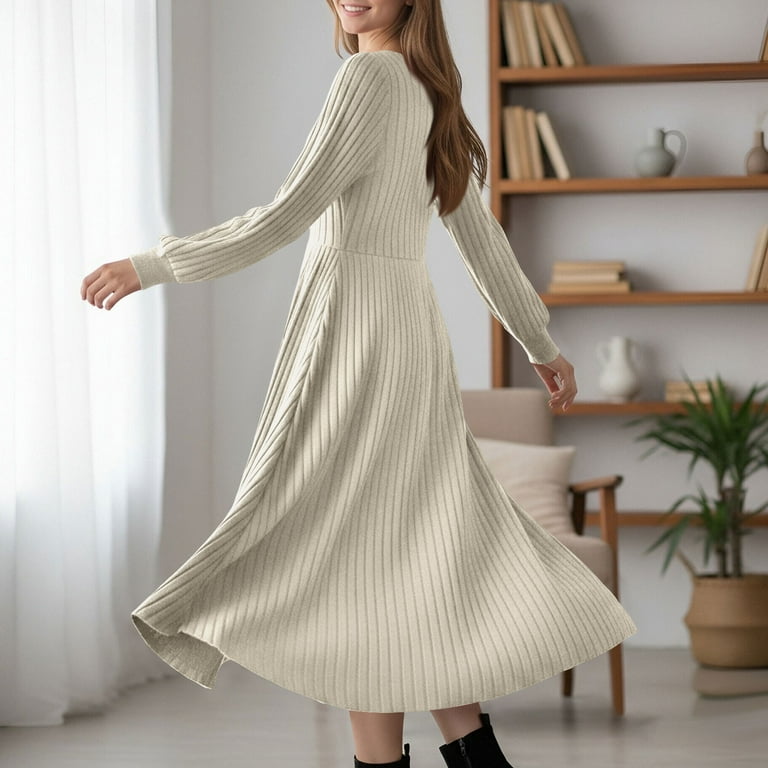 maxi dress belted waist Safuny Women's Long Sleeve Maxi Dress Belted Waist Design Flared Skirt Fabric For Daily Wear And Weekend Gatherings Beige XL
