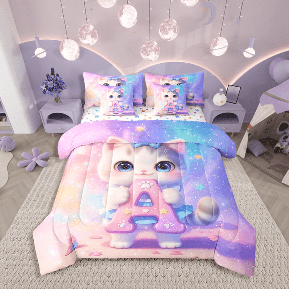 Erosebridal 7-Piece Kawaii Bow Cat Twin Bedding Sets For Girls,Personalized Initial A Bedding Comforter Set,Romantic Starry Sky Purple Sheet Sets