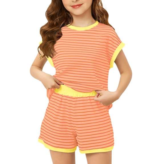 EnJoCho Girls 2 Piece Loung𝖾 Set Kids Striped Knit Short Sleeve T-Shirts Elastic Waist Shorts Casual Summer Clothing Sets Girls Vacation Outfits Short Sleeve Set