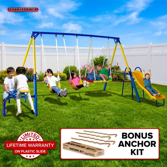 Sportspower Charlotte 4-in-1 Metal Swing Set for Ages 3-8, Backyard Playset with 2-Person Saucer Swing, 2-Person Teeter-Totter, 2 Sling Swings, Lifetime Warranty on 5ft Slide, Bonus Anchor Kit