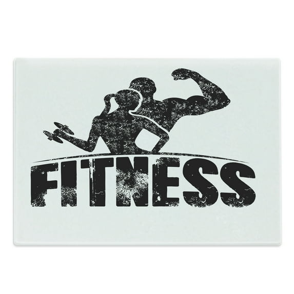 Fitness Cutting Board, Grunge Man and Woman Silhouettes Working out Muscles Strong Training Couple, Decorative Tempered Glass Cutting and Serving Board, Large Size, Black and White, by Ambesonne