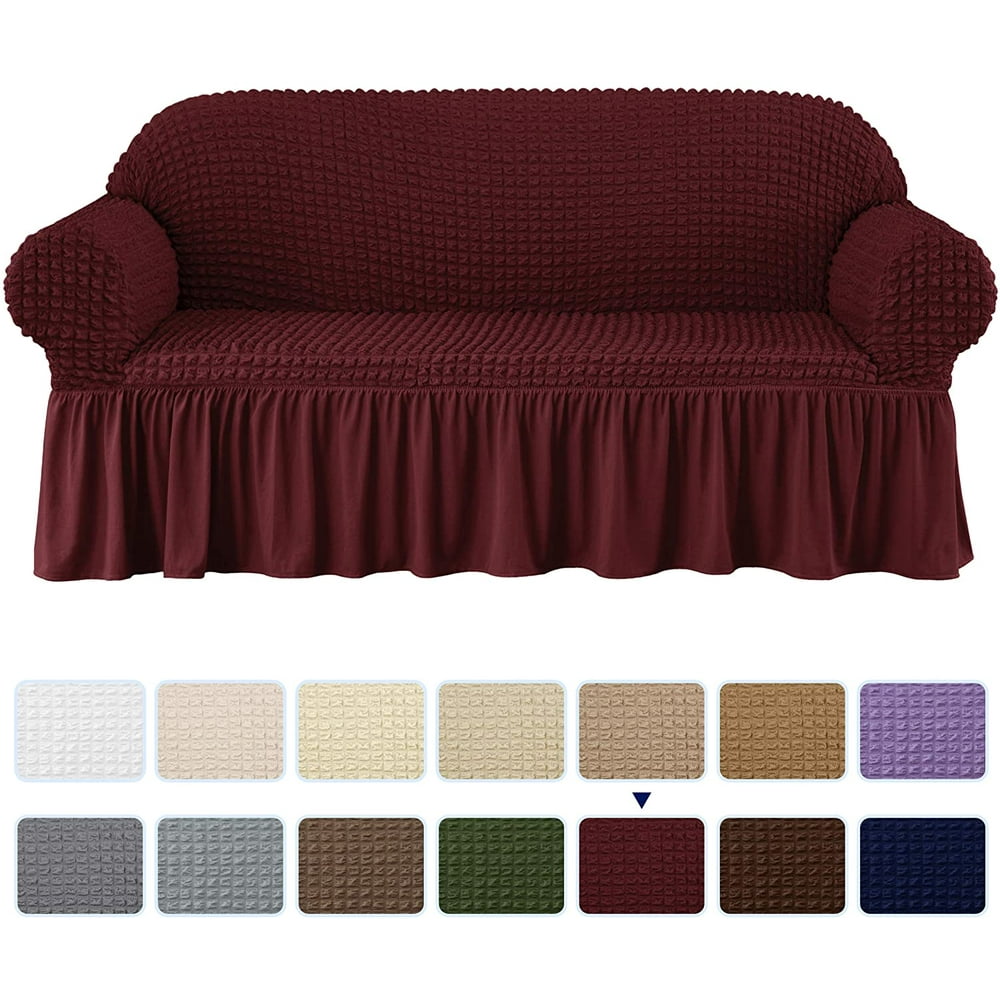 Subrtex Stretch 1Piece Pleated Ruffled Skirt Sofa Slipcover, Wine