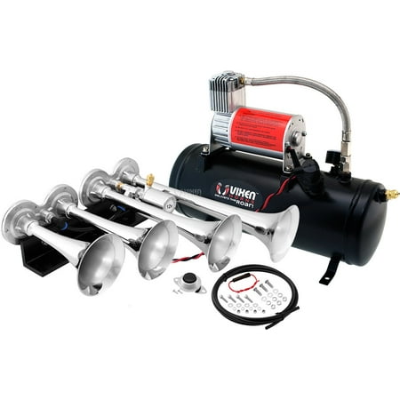- Vixen Horns Loud 149dB 4/Quad Chrome Trumpet Train Air Horn with 1.5 Gallon Tank and 150 PSI Compressor Full/Complete Onboard System/Kit VXO8530/4124C