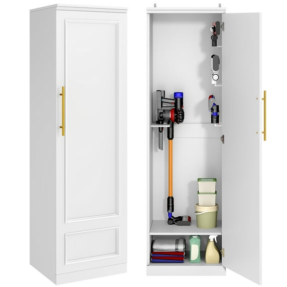 Homiflex Broom Closet Storage Cabinet, Wooden Garage Cabinet with Hooks and Shelf, Slim Utility Closet Broom Storage Cabinet for Cleaning Tool Mop, White
