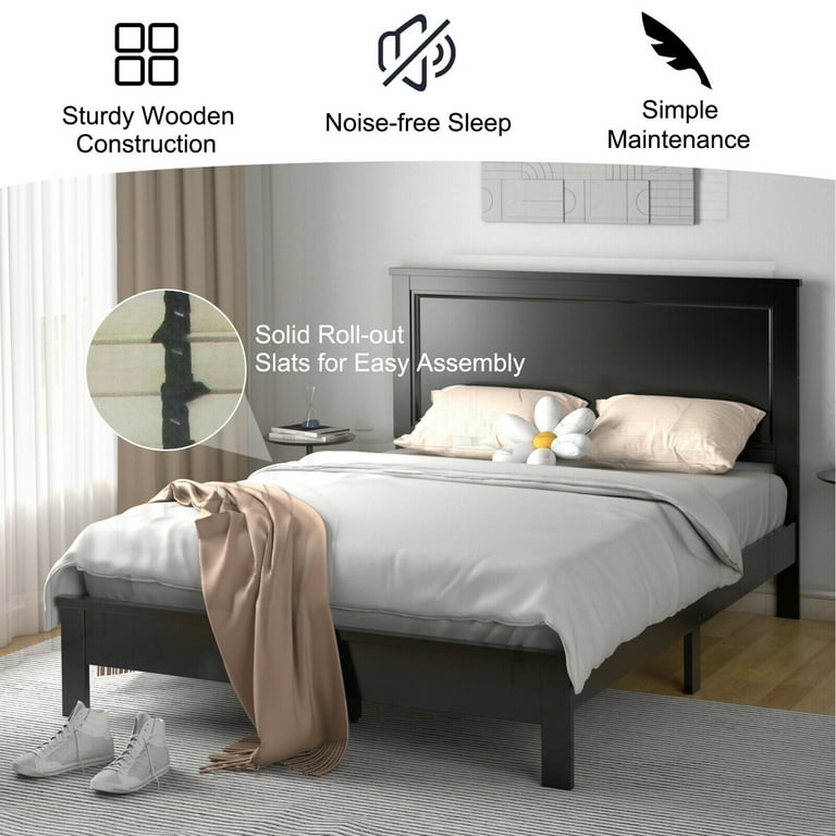 Gymax Queen Size Bed Frame with High Headboard, Rubber Wood