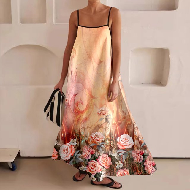 WILLBEST Dresses pour Femmes Robe Maxi Contrastée Bretelles Spaghetti Tenues d'Été Voyage Sans Manches Longue Dresses