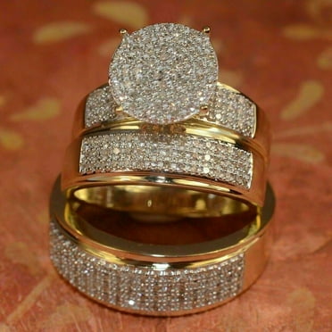 Wedding 14K Yellow Gold Finish Trio His And Her Bridal Band Engagement Ring Set, Bridal Band Engagement Ring Set