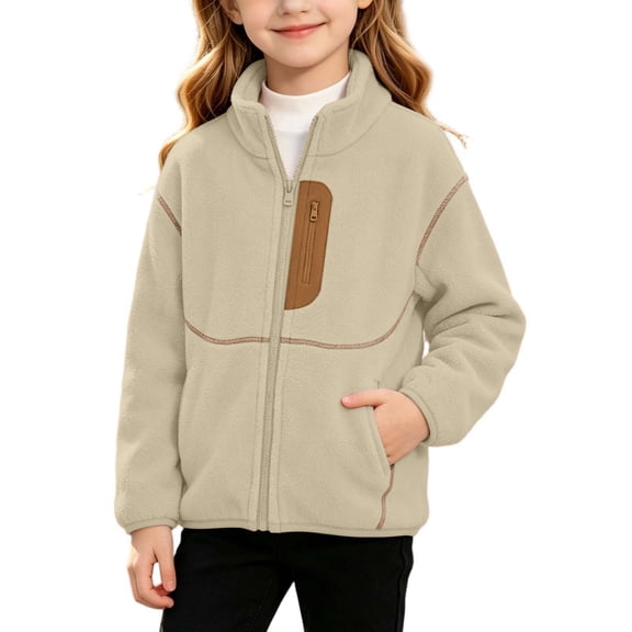 Girls Fleece Jacket Sherpa Fall Winter Full Zip Fuzzy Coat Warm Stand Collar Long Sleeve Thermal Outerwear with Pockets for Cold Weather, Age 3-15 Years