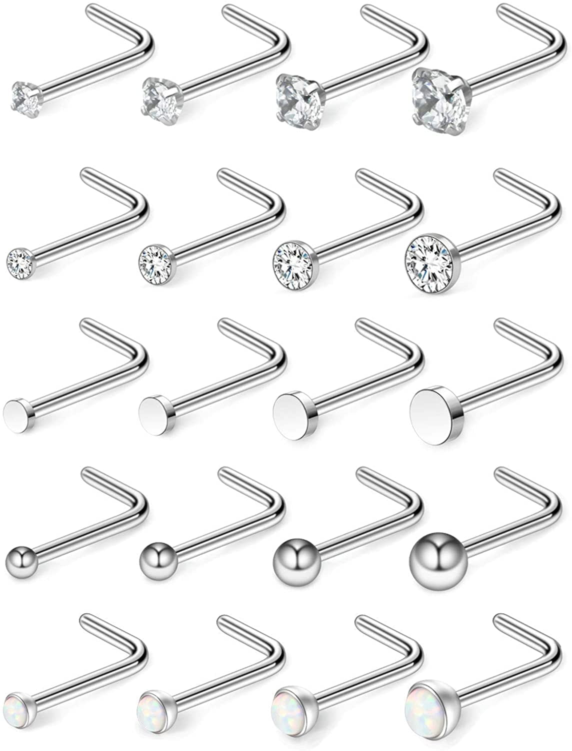 BodyJ4You 20PCS Earrings Mix Color Stainless Steel 6MM Flat Top CZ 20G Studs 