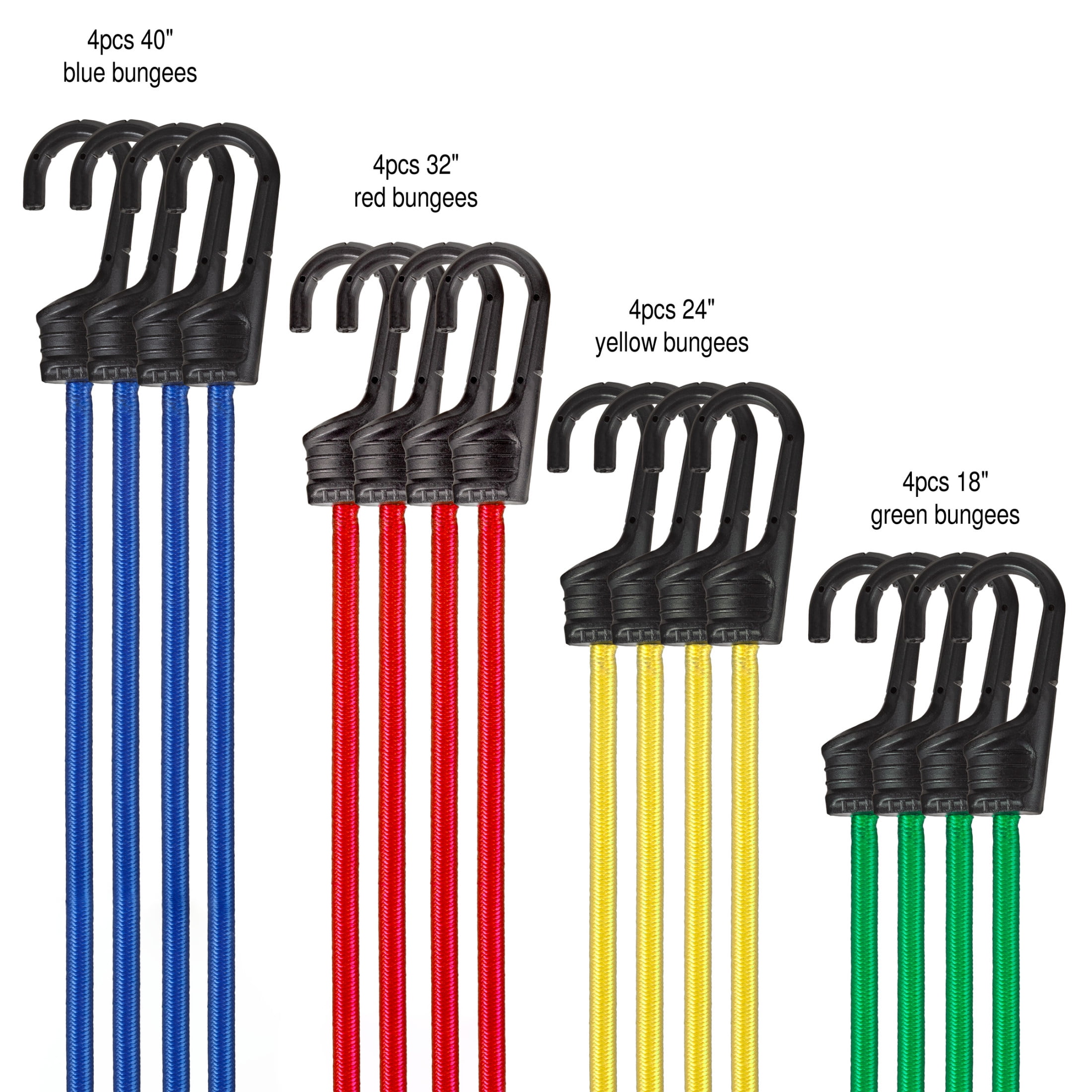 16 Piece Bungee Cord Set, 4 Sizes- 18", 24" 32" 40