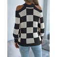 thumbnail image 3 of Women'S Color Block Checkered Off-Shoulder Long Sleeve Y2K Plaid Knitted Pullover Sweater Tops Vintage Sweater Black S, 3 of 8
