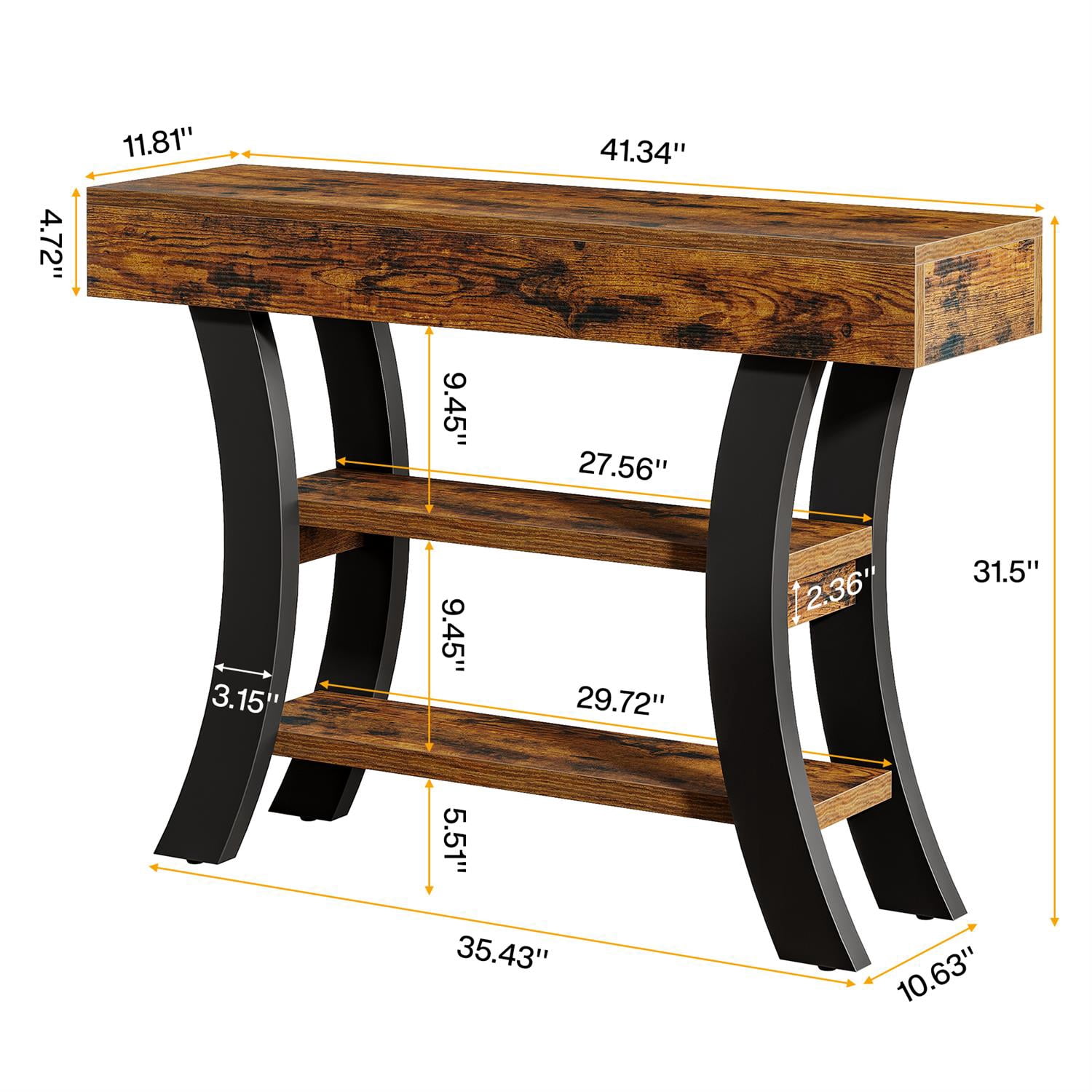 Spaco Industrial Rustic Console Table with Shelves and Metal Curved Legs, Entryway Sofa Side Table for Indoor as Living Room, Bedroom, Brown