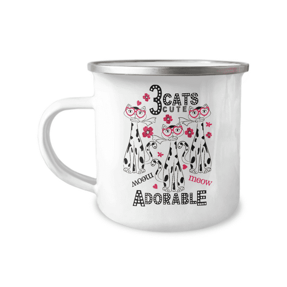 Cat Mom Coffee Mug, Three Cute Cats Adorable, Cat Lover Coffee Mug-12 oz Stainless Steel Enamel Finish White Camper Coffee Mug