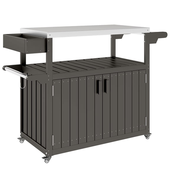 Homiyad Outdoor Bar Cart with Storage, Stainless Steel Outdoor Bar Table Top, Wheeled HDPE Kitchen Island for Food Prep, Gray