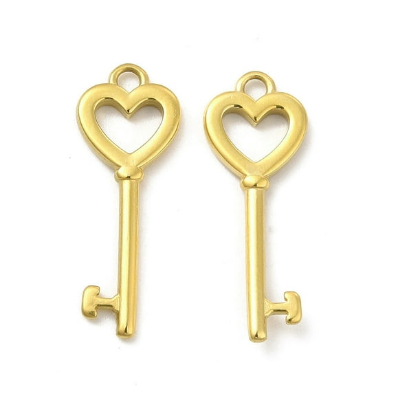 Ion Plating(IP) 304 Stainless Steel Pendants Heart Key Charm Real 14K Gold Plated 24x9x2mm Hole: 1.6mm