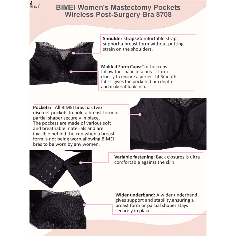 BIMEI Mastectomy Bra with Pockets for Breast Prosthesis Women's Full  Coverage Wirefree Everyday Bra plus size 8102,Black,46B