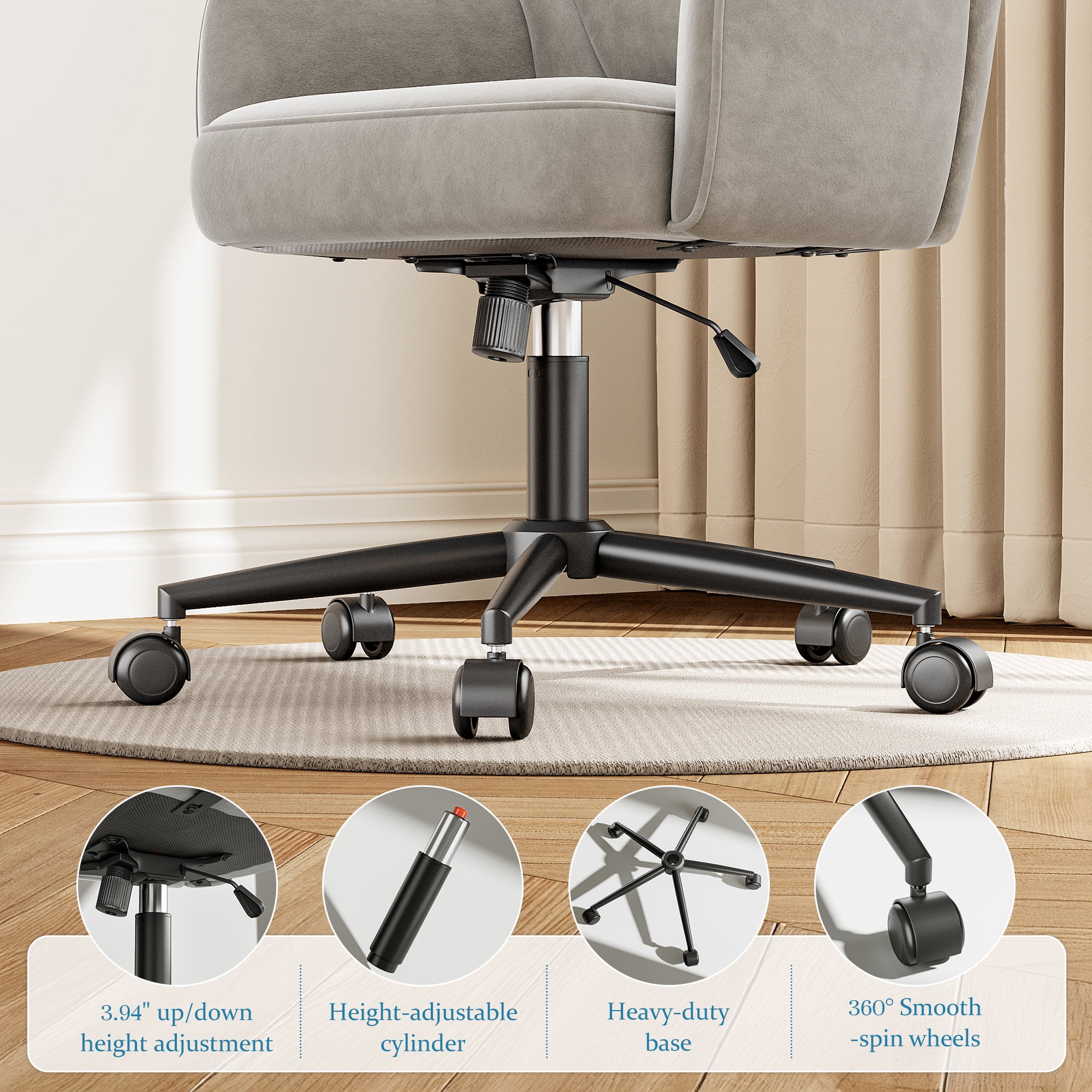 Romorgniz Vanity Chair with Wheels & Back Desk Chair Adjustable Height for Makeup, Work & Relaxation, Gray