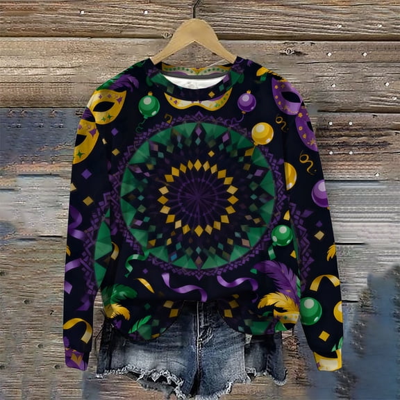 Gamivast Carnival Tops for Women Plus Size Long Sleeve Trendy Mask Graphic Blouses Funny Crewneck Drop Shoulder Tunic Sweatshirts Holiday Mardi Gras Shirt