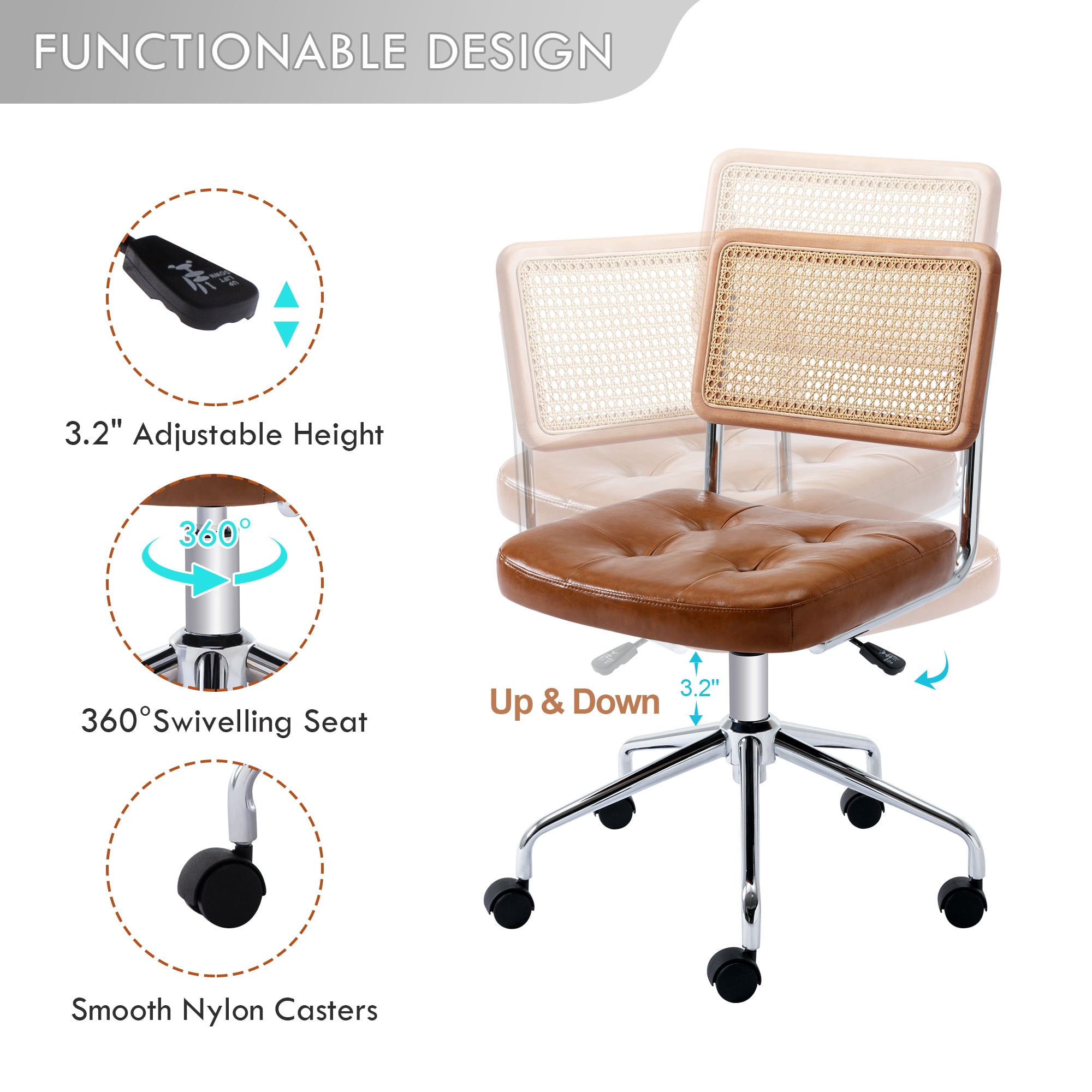Zesthouse Mid Century Faux Leather Home Office Chair with Rattan Back, 360° Swivel Upholstered Desk Chair on Wheels, Tufted Computer Task Chair for Living Room & Office Room, Brown