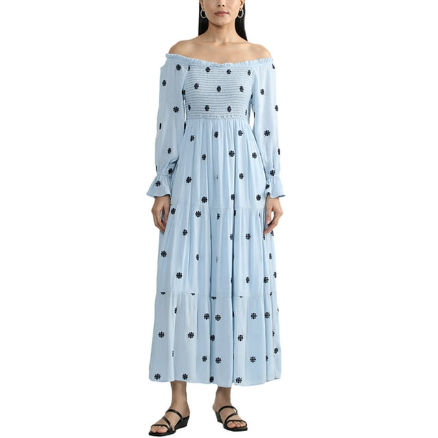 Opperiaya Robe d'Été Femme Épaules Dénudées Imprimé Floral Manches Longues Froncée Dos Nu Ajustée Midi