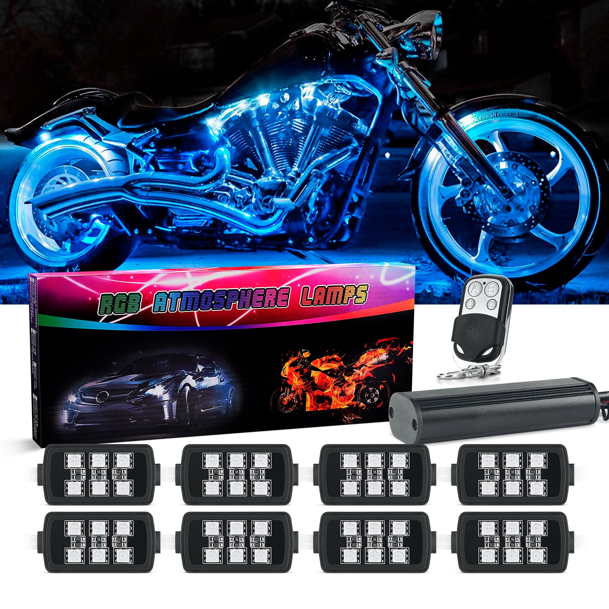 8pcs Motorcycle underglow LED Light Kit Multicolor Brake Light Function Waterproof Motorcycle Underlight Accessories Wireless APP Control RGB Motorcycle LED Strip Lights with Music Mode 
