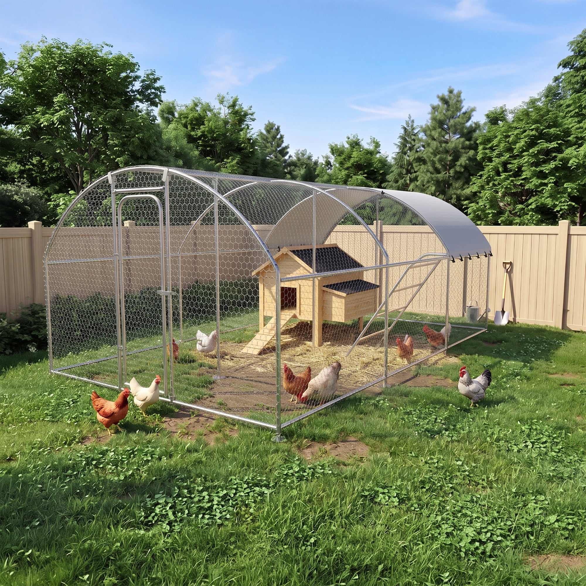 YOKWOK 19.7x10 ft Large Metal Chicken Coop with Climbing Frame, Outdoor Walk-in Poultry Cage Heavy Duty Chicken Runs Hen House with Waterproof Anti-UV Cover for Yard and Outdoor Farm, Dome Roof