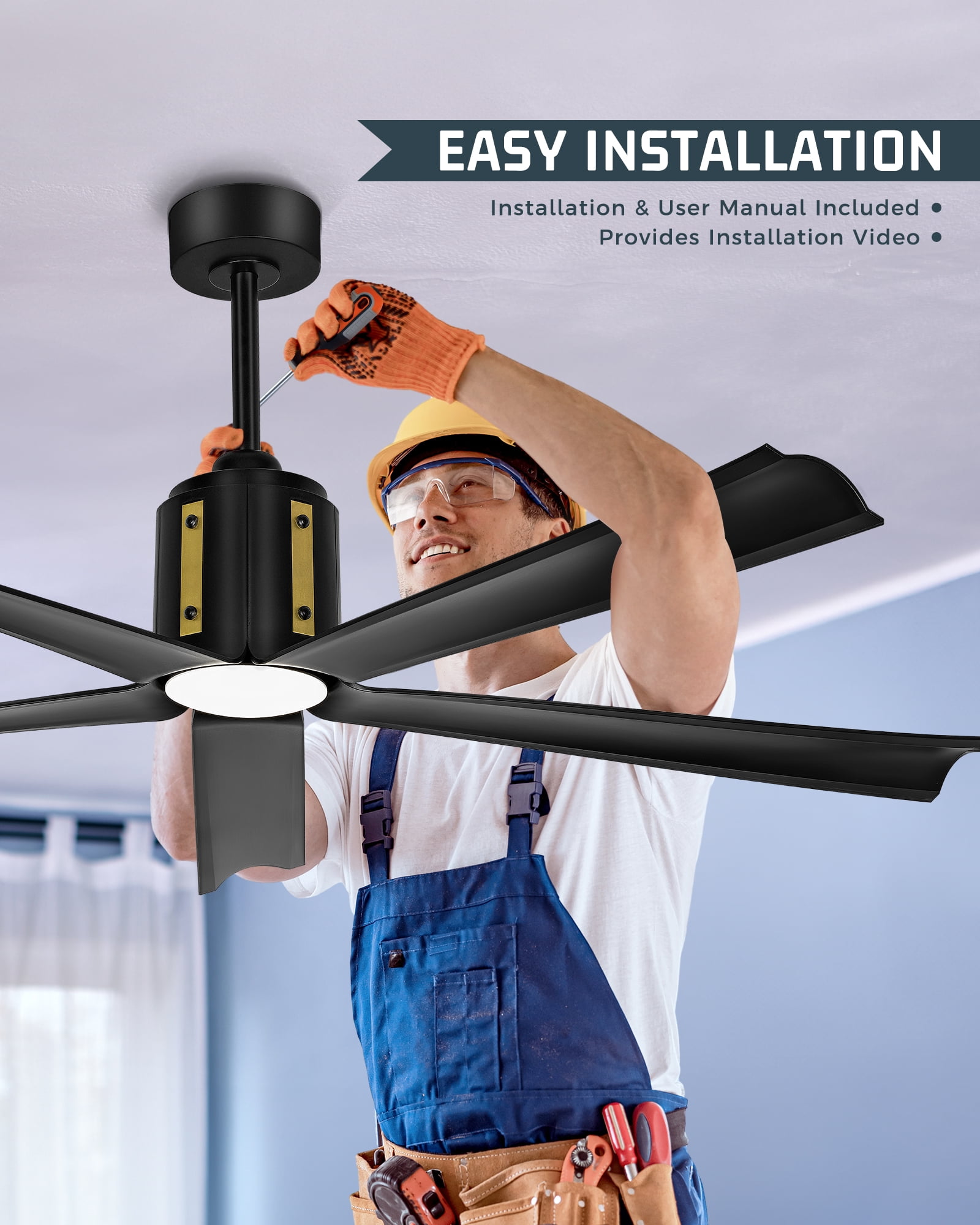 Ltmate 60 Inch Ceiling Fans with Lights and Remote, Black Ceiling Fans with Alexa Google Voice Control, 3 Color Temperatures and Quiet Reversible DC Motor