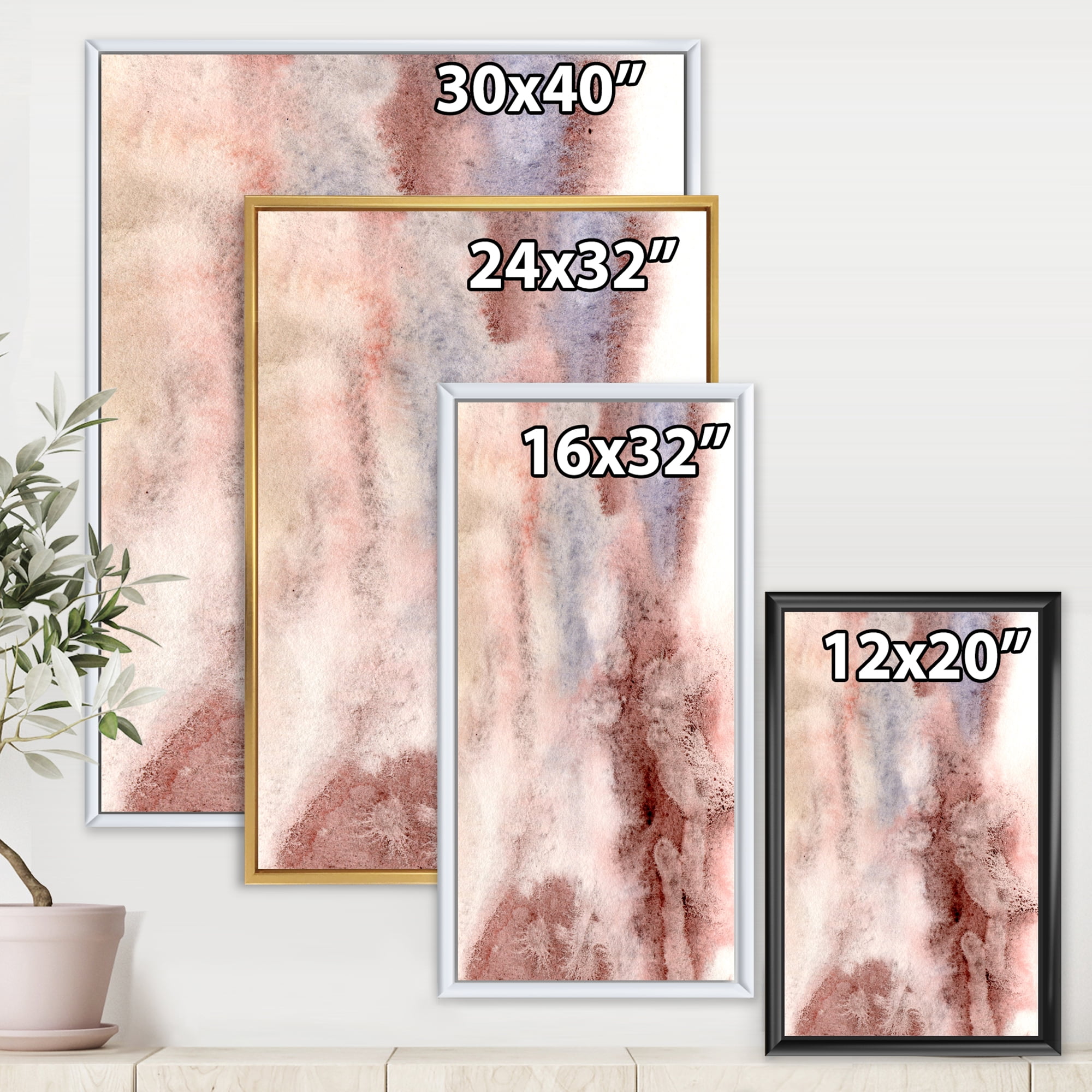 Designart 'Pastel Abstract With Pink Blue and Dark Red Spots' Modern Framed Canvas Wall Art Print