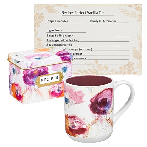 Recipe Tin with Recipe Cards and Ceramic Cups, Misty Summer
