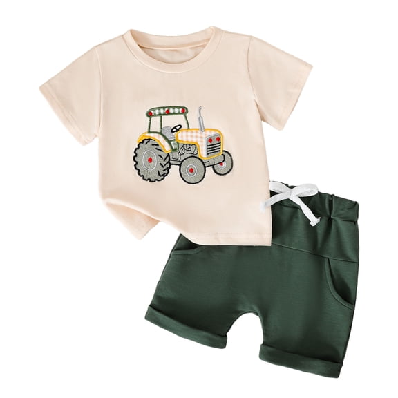 eczipvz Toddler Baby Boy Summer Clothes Excavator Embroidery Short Sleeve T-Shirt Elastic Waist Shorts Set 2 Piece Outfit Light Yellow,12-18 Months