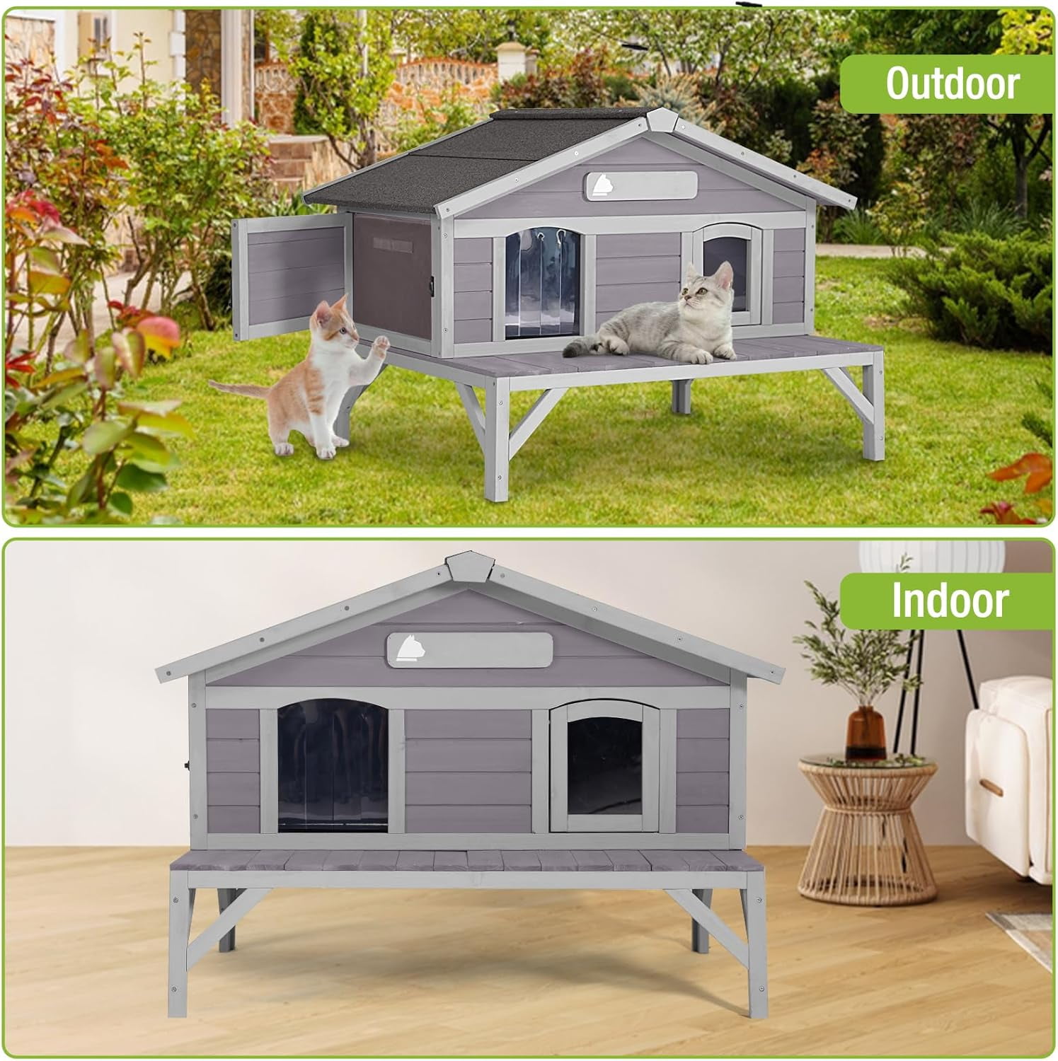 Aivituvin Outdoor Cat House Weatherproof with 3 Entry Doors, Elevated Base & PVC Curtain, Indoor/Outdoor Kitty Shelter for Small-Medium Pets