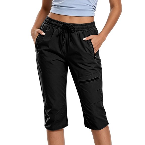 iHPH7 Women's Hiking Capris with Zipper Pockets Lightweight Quick Dry Cargo Cropped Pants Elastic Waist Drawstring Summer Outdoor Travel Athletic Trousers Black L