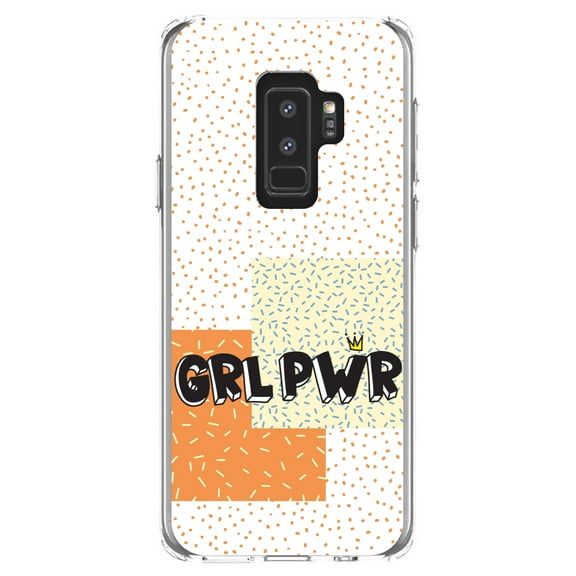DistinctInk Clear Shockproof Hybrid Case for Samsung Galaxy S9  PLUS (6.2" Screen) - TPU Bumper, Acrylic Back, Tempered Glass Screen Protector - Girl Power - GRL PWR - Crown, Polka Dots